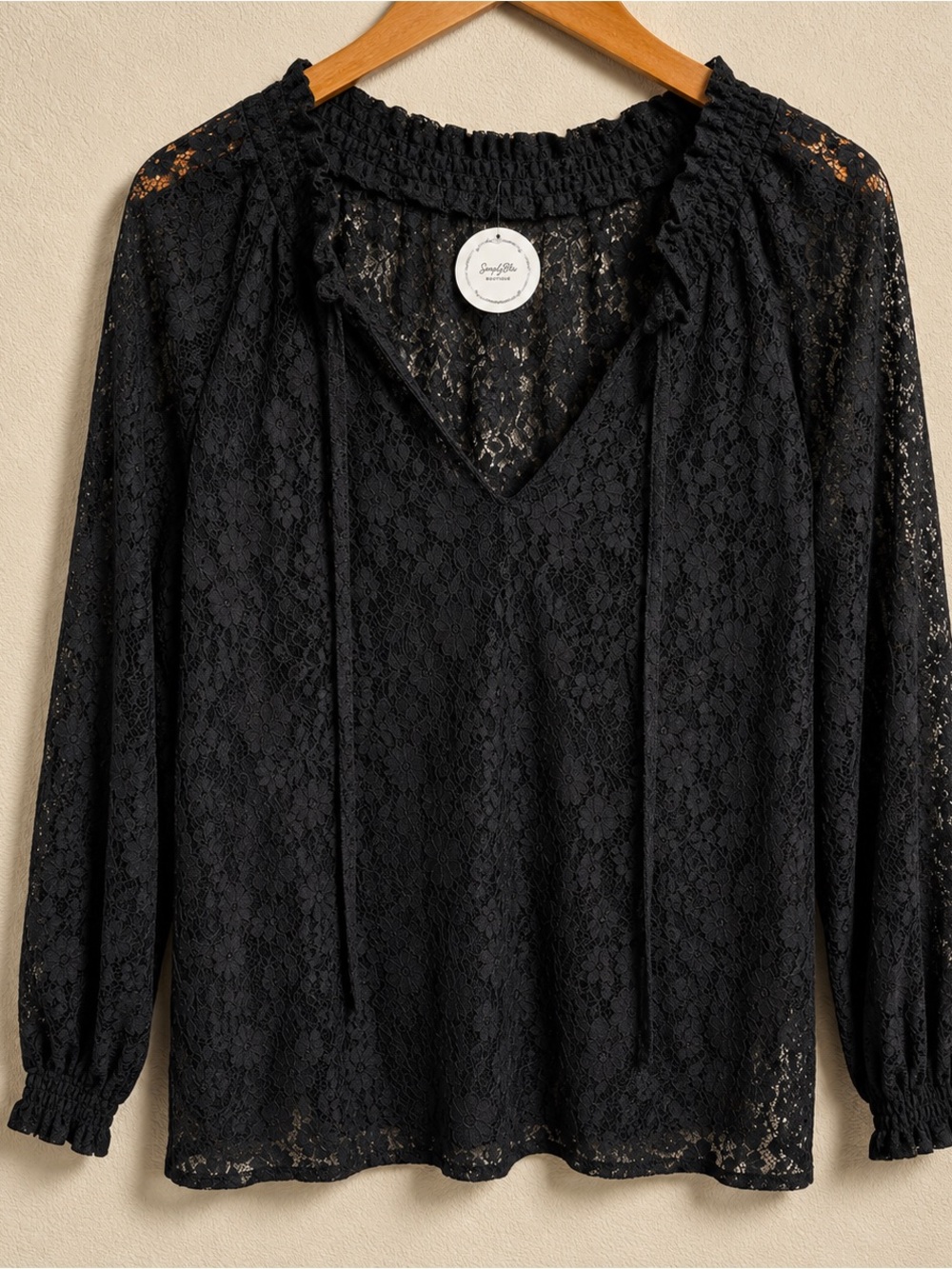 New Black Sheer Lace V-Neck Blouse with Smocked Neckline